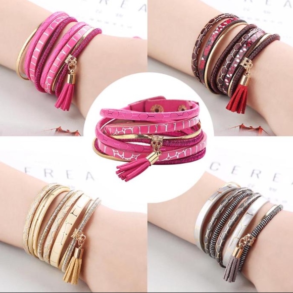 Jewelry - Layered Pink Leather Wrap Cuff Tassel Bracelet